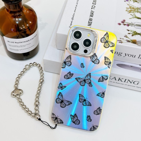 Протиударний чохол Electroplating Laser Butterfly Phone Case with Wrist Strap на iPhone 16 Pro Max - Black Butterflies