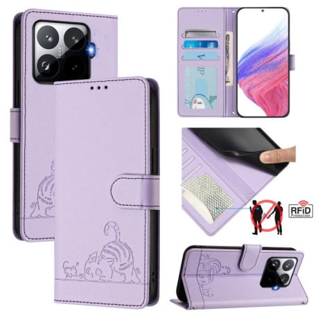 Чехол-книжка Cat Embossing Pattern на Xiaomi 15T Pro 5G - фиолетовый