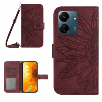 Чохол-книжка Skin Feel з малюнком соняшника на Xiaomi Redmi 13C/Poco C65 4G - винно-червоний