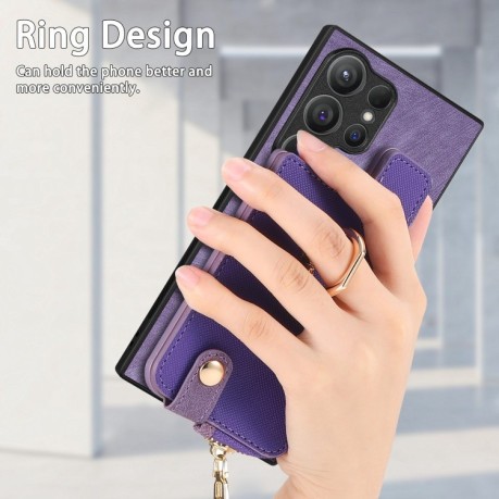 Чехол Cross Leather Ring Vertical Zipper Wallet для Samsung Galaxy S24 Ultra 5G - фиолетовый