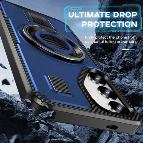 Противоударный чехол Ring Holder Carbon Fiber PC Hybrid TPU для Samsung Galaxy S25+ 5G - синий