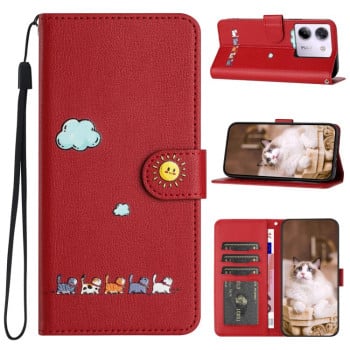 Чохол-книжка Cartoon Cats Leather для Xiaomi Poco M7 Pro 5G Global - червоний