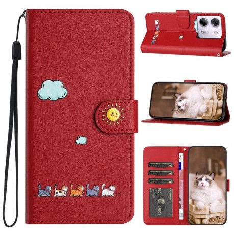 Чехол-книжка Cartoon Cats Leather для Xiaomi Poco M7 Pro 5G Global - красный