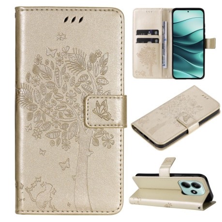 Чехол-книжка Happy Cat Pattern для Xiaomi Redmi Note 14 5G/Poco M7 Pro 5G - золотой