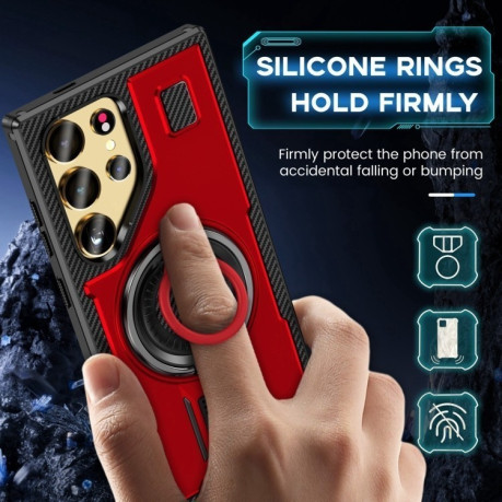 Протиударний чохол Ring Holder Carbon Fiber PC Hybrid TPU  для Samsung Galaxy S25 Ultra 5G - червоний