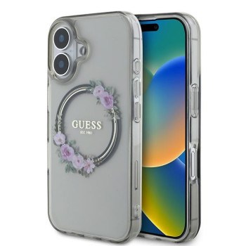 Оригинальный чехол Guess IML Flowers Wreath MagSafe для iPhone 16 - black