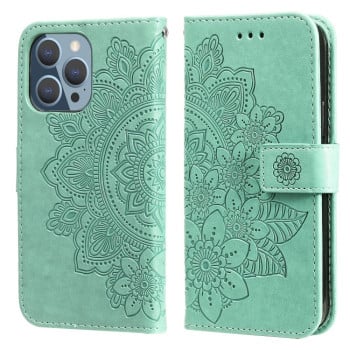 Чехол-книжка Flowers Embossing Pattern для iPhone 13 Pro - зеленый