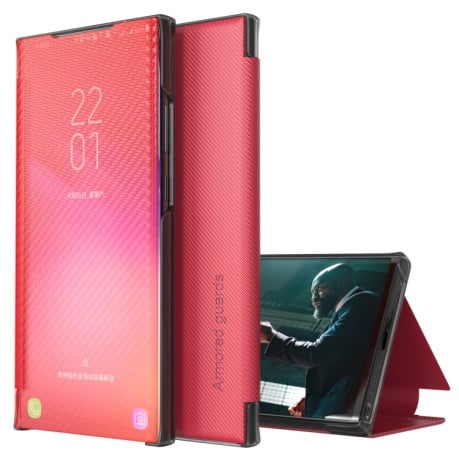 Чехол-книжка Carbon Fiber Texture View Time для Samsung Galaxy S22 5G - красный