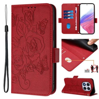 Чехол-книжка Embossed Rose RFID Anti-theft Leather для Xiaomi Redmi Note 14 Pro 4G - красный
