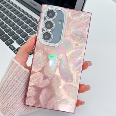 Противоударный чехол Plating Glitter Texture TPU with Lens Film для Samsung Galaxy S25 5G - Pink Feathers