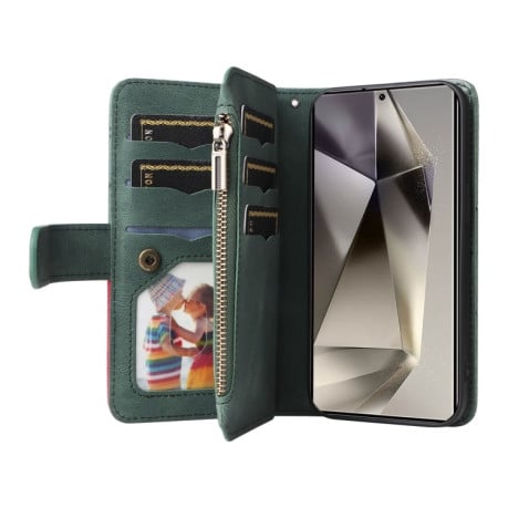 Чехол-книжка Dual-color 9 Card Slots Zipper Wallet Leather для Samsung Galaxy S25 Ultra 5G - зеленый