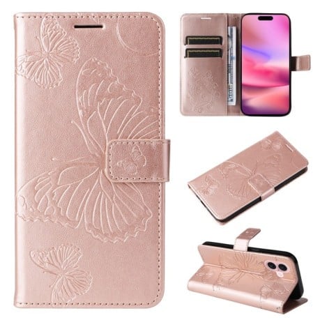 Чехол-книжка Embossed Butterfly для iPhone 16 - розовое золото