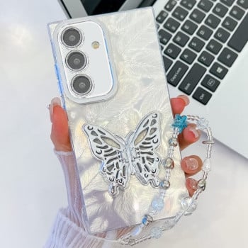 Протиударний чохол Plating Glitter Lens Film Texture Butterfly Holder Wristband  для Samsung Galaxy A16 5G - White Feathers