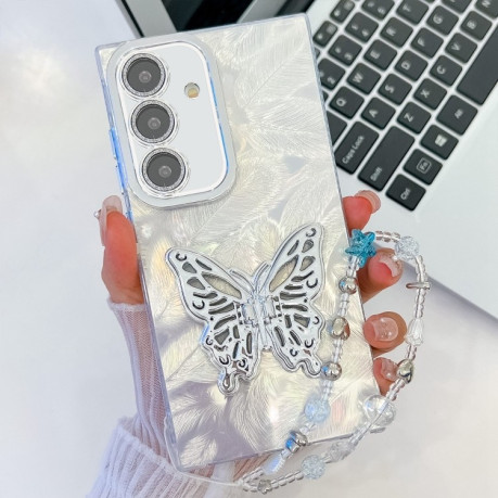 Протиударний чохол Plating Glitter Lens Film Texture Butterfly Holder Wristband для Samsung Galaxy S25+ 5G - White Feathers
