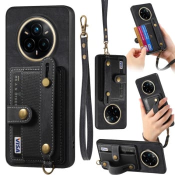 Противоударный чехол Retro Cross Wristband Wallet Leather для Realme 14 Pro+ - черный