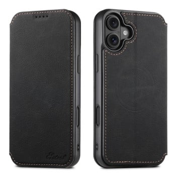 Чехол-книжка Suteni J06 с фактурой Retro Matte Litchi с MagSafe на iPhone 17 - черный