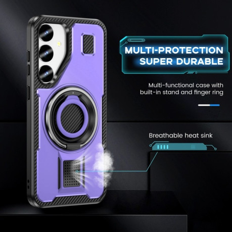 Противоударный чехол Ring Holder Carbon Fiber PC Hybrid TPU для Samsung Galaxy S25 5G - фиолетовый