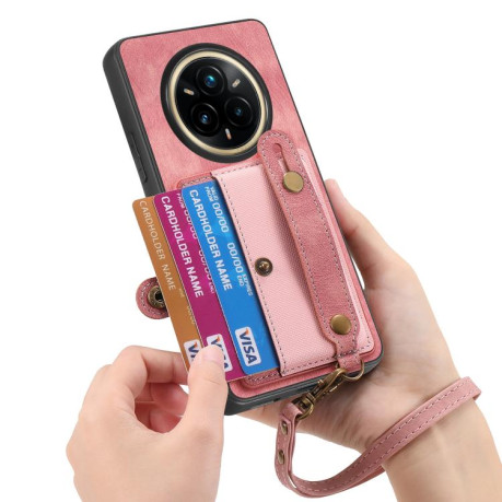Противоударний чехол Retro Cross Wristband Wallet Leather для Realme 14 Pro+ - рожевий