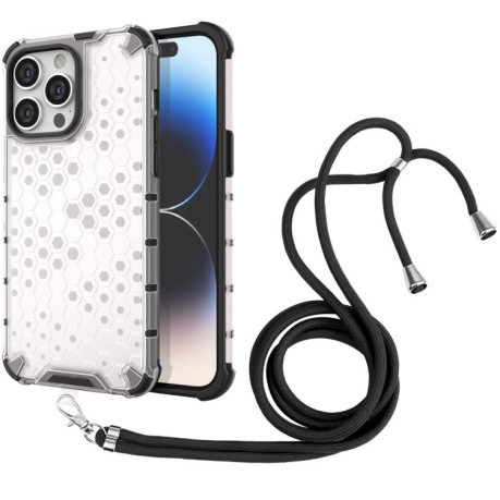 Противоударный чехол Honeycomb with Neck Lanyard для iPhone 15 Pro Max - белый