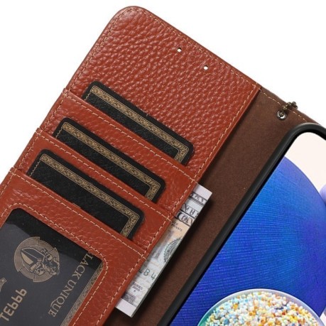 Шкіряний чохол-книжка KHAZNEH Genuine Leather RFID для Xiaomi Redmi Note 14 4G - кавовий