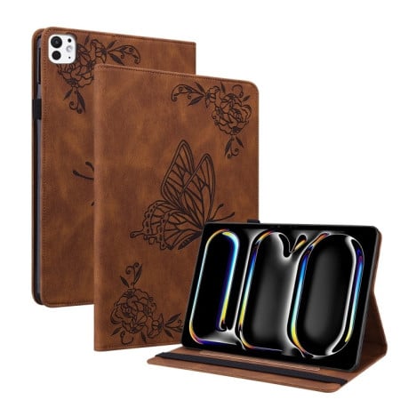 Чехол- книжка Butterfly Flower Embossed Leather на iPad Pro 11 2024 - коричневый