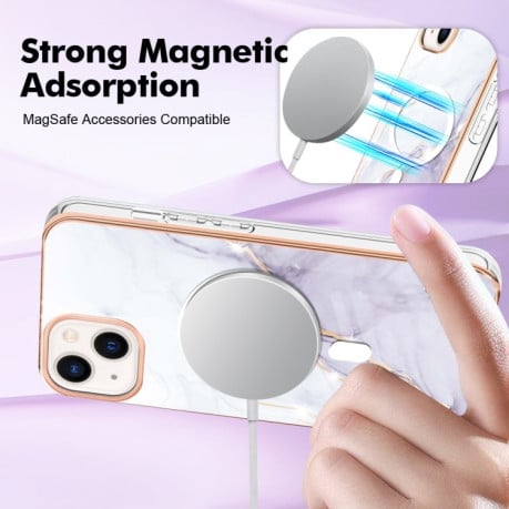 Противоударный чехол Marble Pattern Dual-side IMD Magsafe для iPhone 15 Plus - белый