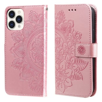 Чохол-книжка Flowers Embossing Pattern для iPhone 13 Pro Max - рожеве золото
