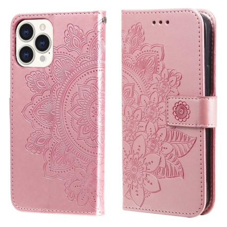 Чехол-книжка Flowers Embossing Pattern для iPhone 13 Pro Max - розовое золото