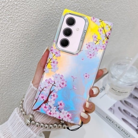 Чехол Electroplating Laser Flower Phone Case with Wrist Strap на Samsung Galaxy A35 5G - Peach Blossom