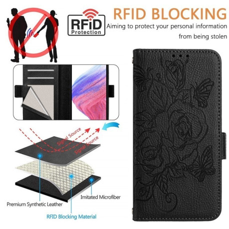 Чехол-книжка Embossed Rose RFID Anti-theft Leather для Realme GT 7 Pro 5G - черный