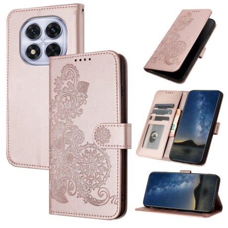 Чехол-книжка Embossed Flower Zipper Leather на Redmi Note 14 Pro 5G/Poco X7 - розовое золото