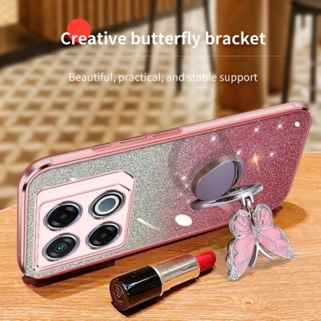 Противоударный чехол Plated Gradient Glitter Butterfly Holder для Infinix GT 20 Pro - розовый