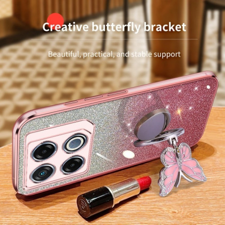 Противоударный чехол Plated Gradient Glitter Butterfly Holder для Infinix GT 20 Pro - голубой