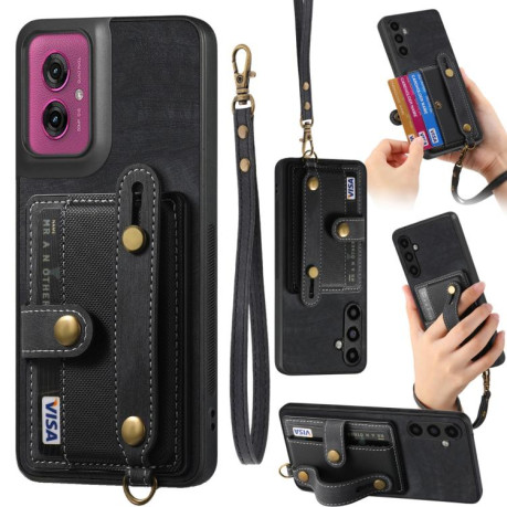 Противоударный чехол Retro Cross Wristband Wallet Leather для Motorola Moto G55 - черный
