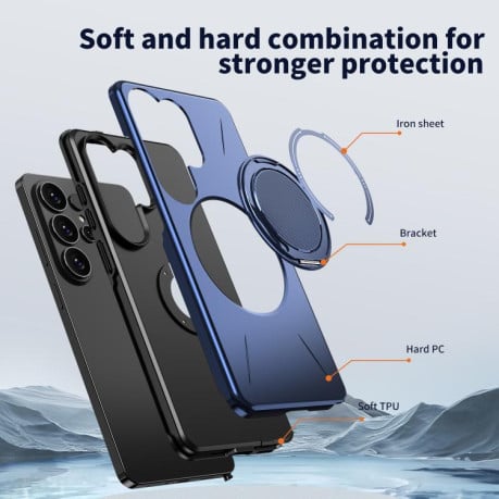 Чохол Metal Rotation Holder MagSafe TPU Hybrid PC з металевим поворотним тримачем і MagSafe для Samsung Galaxy S26 Ultra 5G — темно-синій