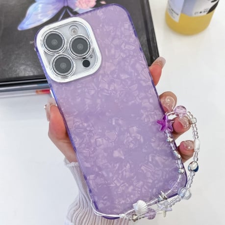 Противоударный чехол Plating Glitter Texture Chain для iPhone 16 Pro - Purple Shell Pattern