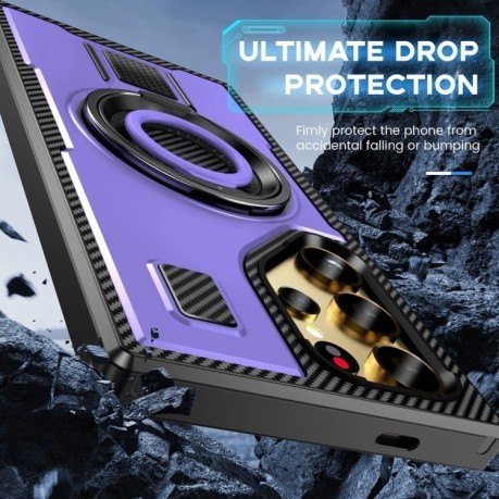 Протиударний чохол Ring Holder Carbon Fiber PC Hybrid TPU  для Samsung Galaxy S25 Ultra 5G - фіолетовий