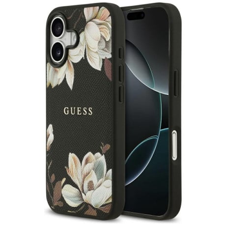 Оригинальный чехол Guess Grained Flowers Classic Logo с MagSafe на iPhone 17 - black