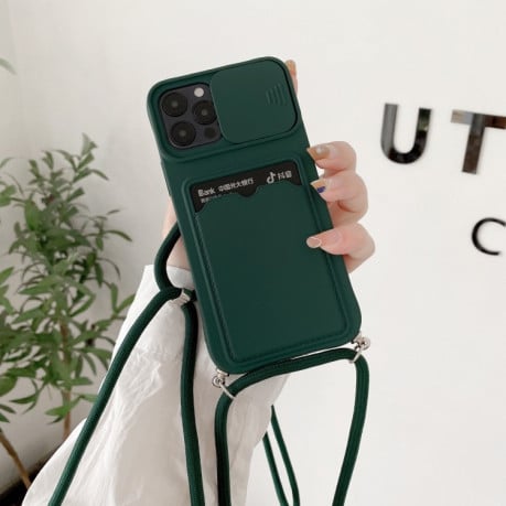 Противоударный чехол Sliding Camera with Card Slot для iPhone 11 - темно-зеленый
