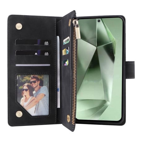 Чехол-книжка Multifunctional Frosted Zipper Wallet с матовой фактурой и ремешком на Samsung Galaxy S25 FE 5G - черный