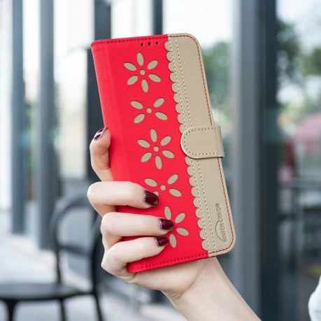 Чохол-книжка Splicing Color Hollow Flower Pattern RFID на Xiaomi Redmi Note 15 Pro 4G Global 163.2mm — червоний