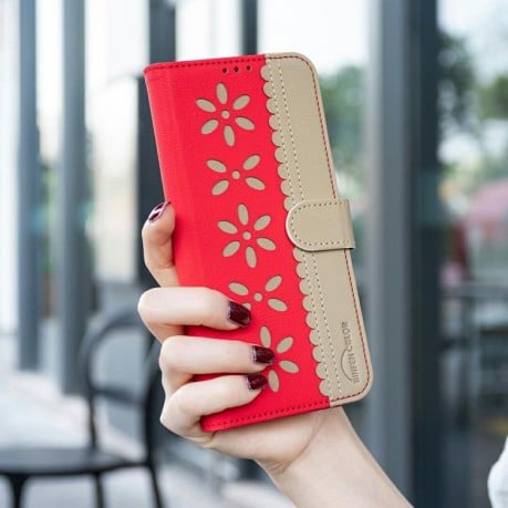 Чехол-книжка Splicing Color Hollow Flower Pattern RFID для Xiaomi Poco F7 5G - красный