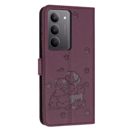 Чехол-книжка Embossed Kitten Phone Leather на Realme C75 / V60 Pro - винно-красный
