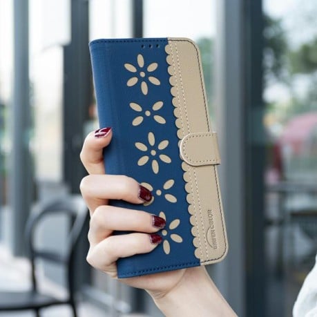 Чехол-книжка Splicing Color Hollow Flower Pattern RFID для Xiaomi Poco F7 5G - синій