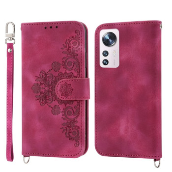 Чохол-книжка Skin-feel Flowers Embossed для Xiaomi 12 Pro - винно-червоний