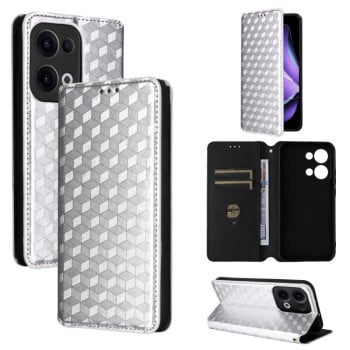 Чехол-книжка Cubic Grid Texture Flip Leather для OPPO Reno13 5G - серебристый