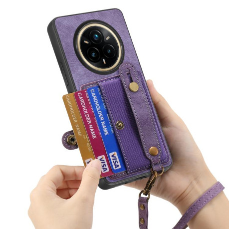 Противоударный чехол Retro Cross Wristband Wallet Leather для Realme 14 Pro+ - фіолетовий