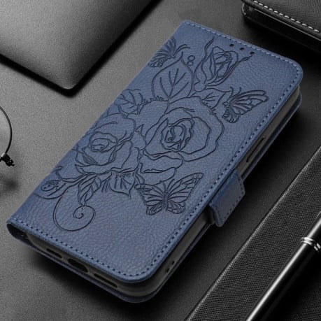 Чехол-книжка Embossed Rose RFID Anti-theft Leather для Realme GT 6T 5G Global - синий