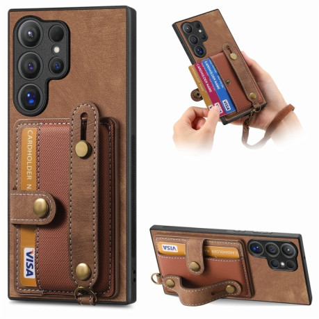 Протиударний чохол Retro Cross Wristband Wallet Leather для Samsung Galaxy S24 Ultra 5G - коричневий