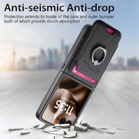 Протиударний чохол Twill Fabric Card Bag Ring Magnetic для Motorola Moto Razr 60 Ultra 5G - чорний